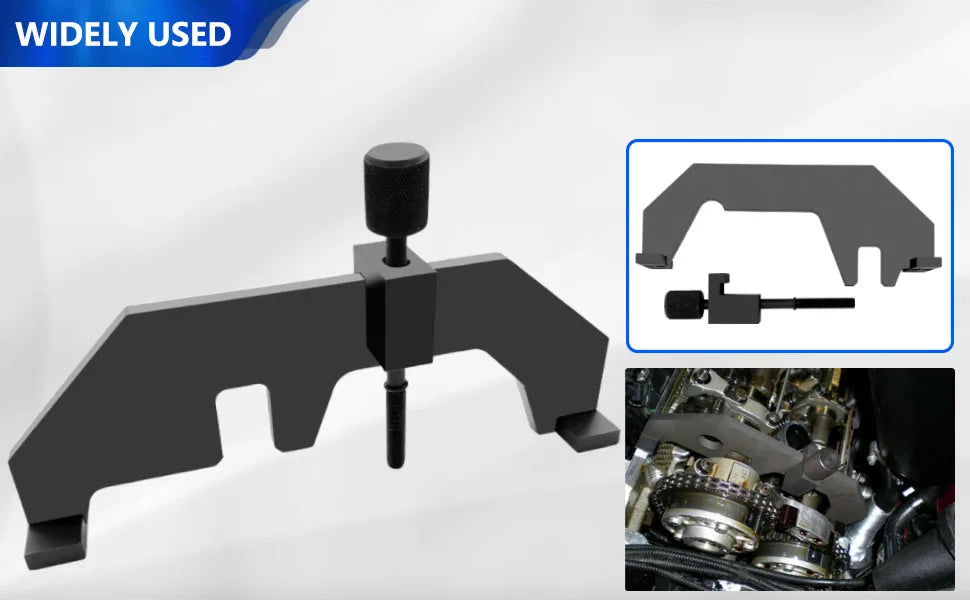 Close-up of the BMW N62/N73 camshaft lock plate and screw, with inset photo of it installed on the cams | Wrench Haus