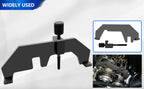 Close-up of the BMW N62/N73 camshaft lock plate and screw, with inset photo of it installed on the cams | Wrench Haus