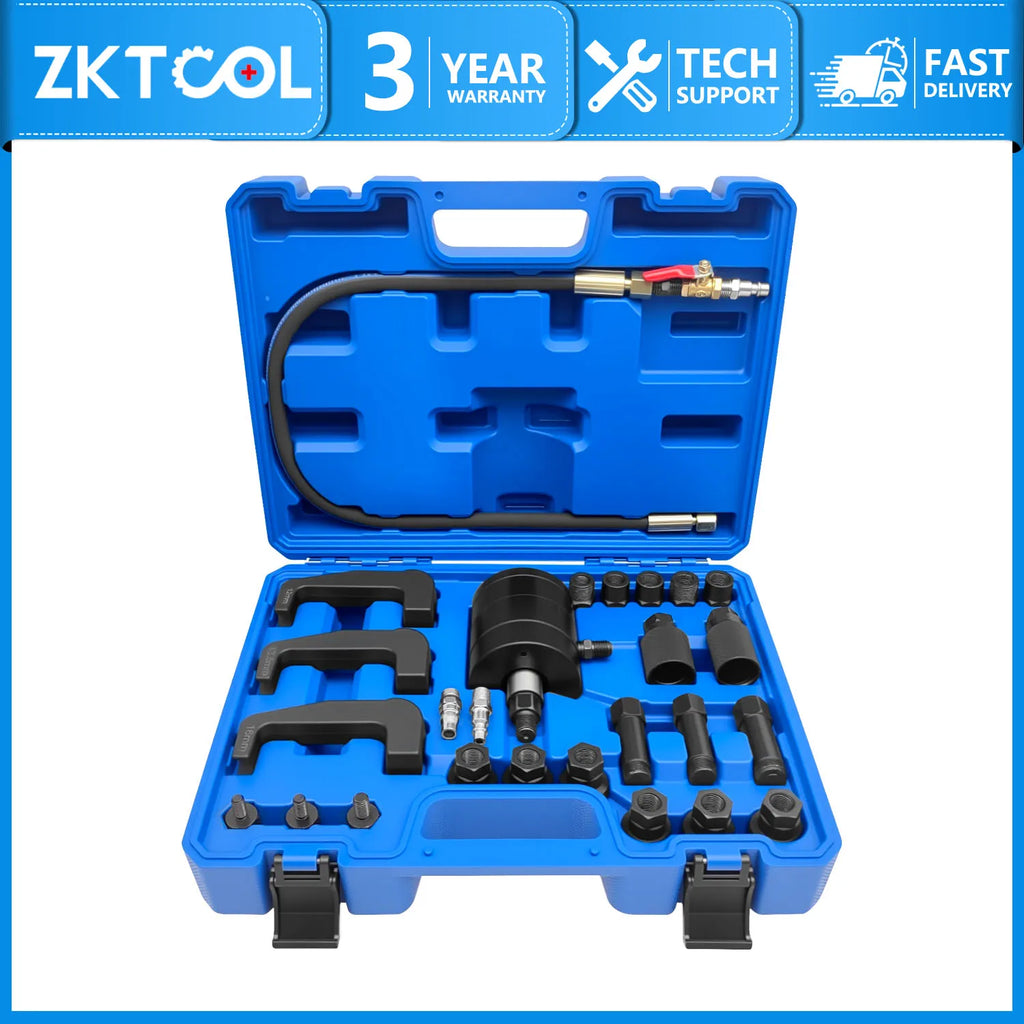 24-piece pneumatic diesel injector puller kit in blue case with air hose, slide hammer and adapters | Wrench Haus