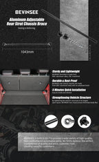 Adjustable rear strut brace infographic, 1043mm bar shown in rear cargo area | Wrench Haus