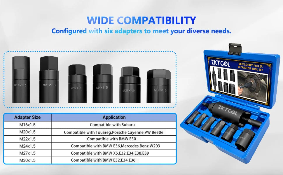 Drive shaft puller adapters lined up with application table and open case, alternate layout | Wrench Haus