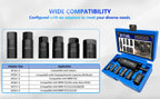 Drive shaft puller adapters lined up with application table and open case, alternate layout | Wrench Haus