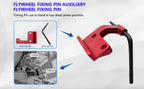 Flywheel fixing pin and red auxiliary pin with arrows showing where they fit on the BMW engine block | Wrench Haus