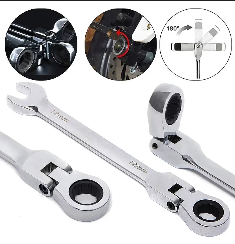 Flex-Head Ratcheting 72-Tooth Wrench - Product detail infographic showing flex-head pivot mechanism and ratchet head close-ups | Wrench Haus
