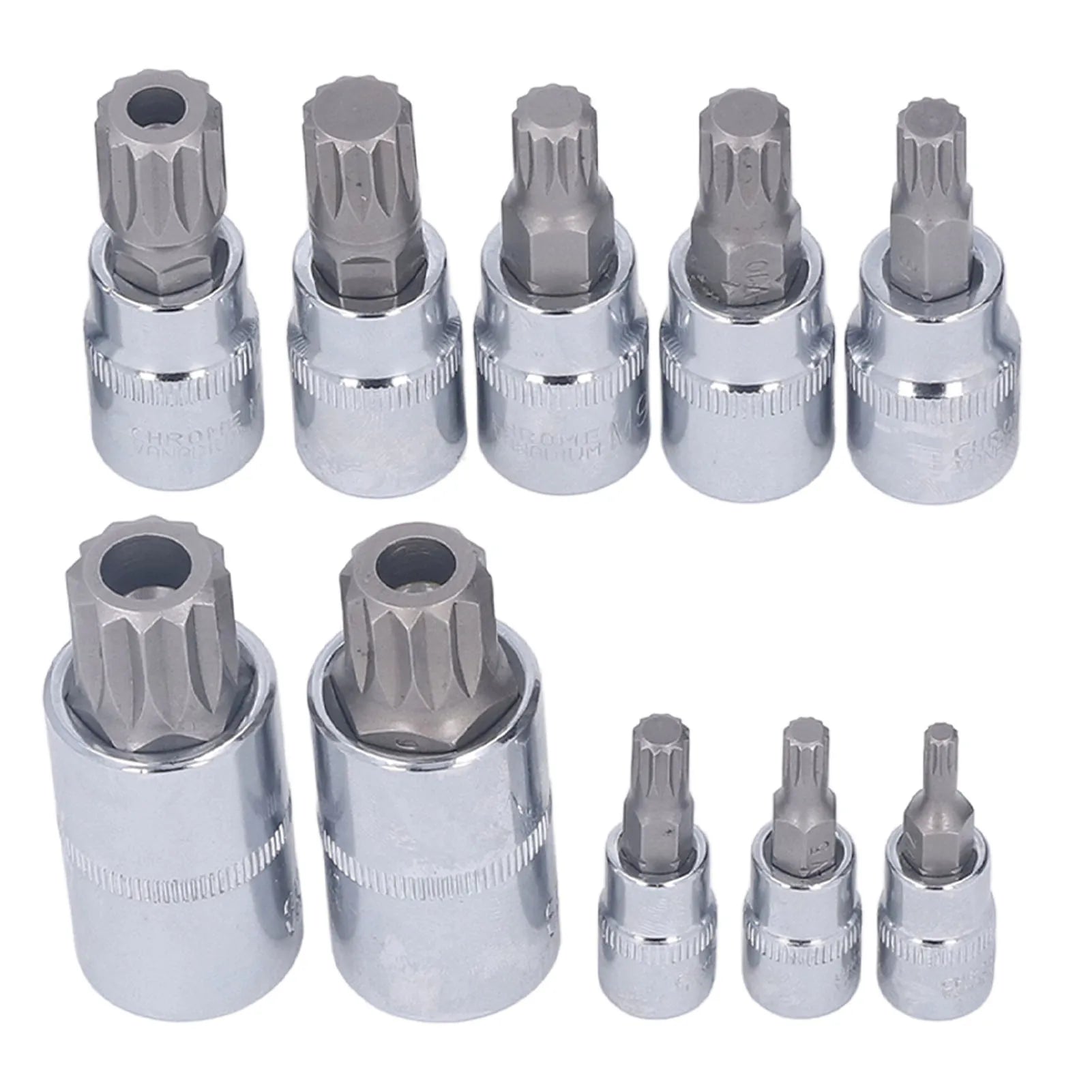 10-Piece XZN Triple Square Spline Bit Socket Set — M4 to M18, 1/4", 3/8" & 1/2" Drive
