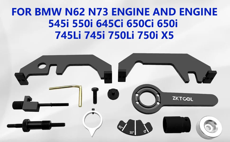 BMW N62/N73 camshaft locking tool set laid flat with compatible 7 Series and X5 models listed above | Wrench Haus