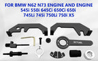 BMW N62/N73 camshaft locking tool set laid flat with compatible 7 Series and X5 models listed above | Wrench Haus
