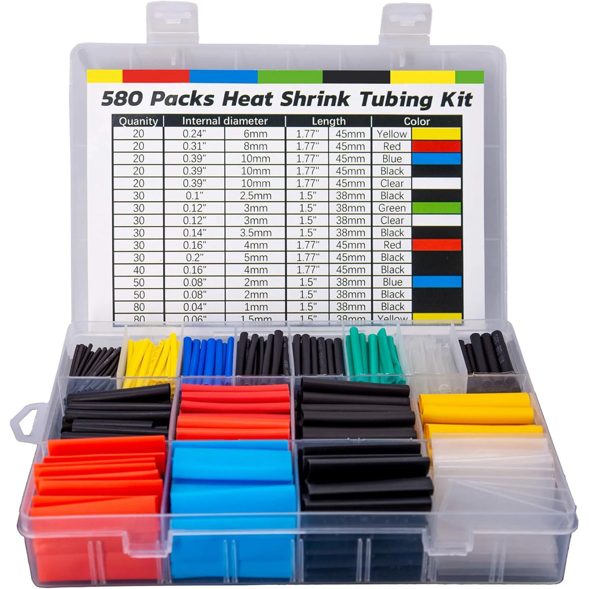 580-piece heat shrink tubing kit, 6 colors