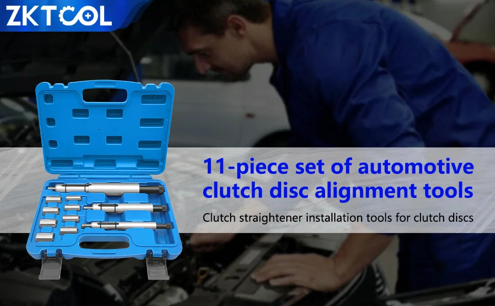 11-piece clutch disc alignment tool set in open case with a mechanic in the background | Wrench Haus