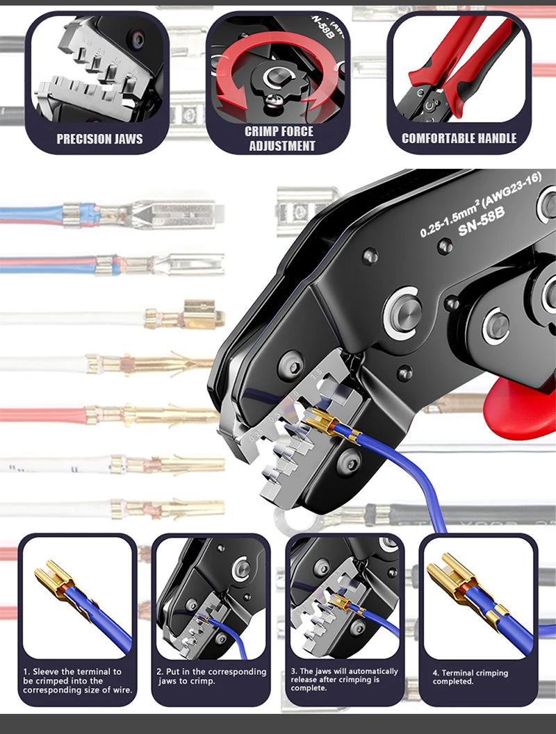 Ratcheting Crimping Tool Set SN-58B - SN-58B crimping tool shown with full connector compatibility grid including DuPont JST MOLEX SATA and Tamiya terminals | Wrench Haus