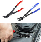 Red and blue handle trim clip pliers with a photo of the pliers removing a panel clip | Wrench Haus