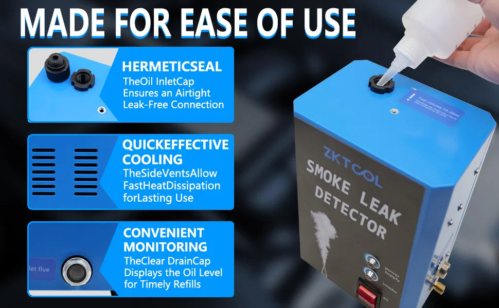 Oil being poured into the smoke leak detector inlet, with sealing and cooling feature callouts | Wrench Haus
