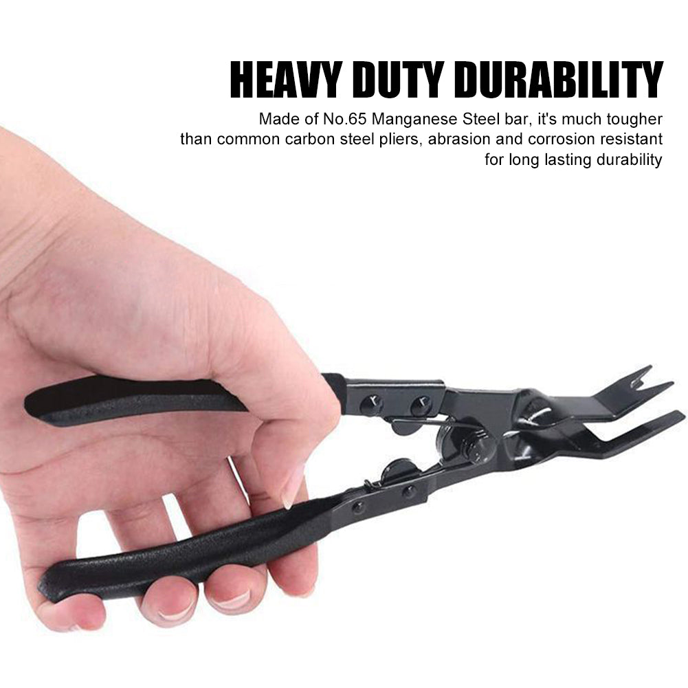 Hand holding black trim clip pliers, captioned with No.65 manganese steel construction | Wrench Haus