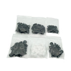 Push retainer clips sorted into six clear bags, black and white clip types | Wrench Haus