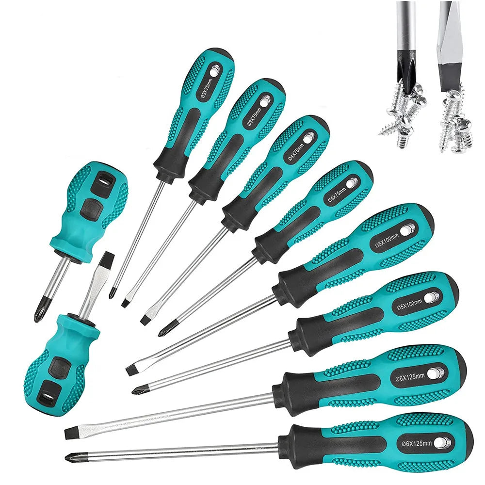 10-Piece Magnetic Precision Screwdriver Set - All 10 screwdrivers fanned out showing graduated sizes and magnetic chrome vanadium tips | Wrench Haus