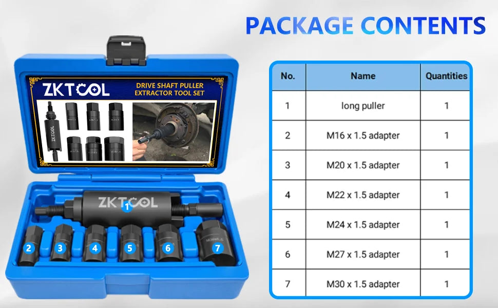 Open case of the drive shaft puller kit beside the numbered package contents list | Wrench Haus