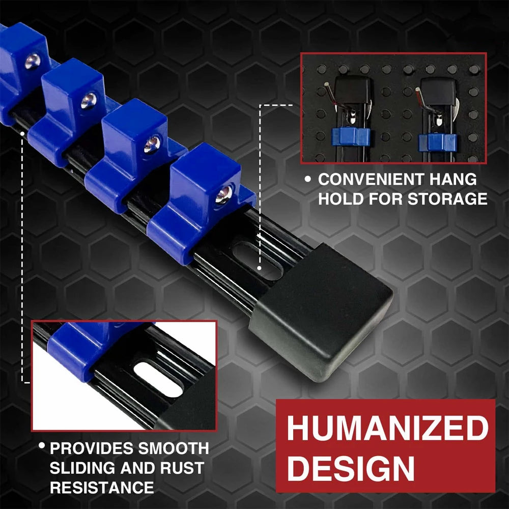 360° Swivel Socket Organizer Rail - Humanized design callout showing smooth sliding action and firm socket retention | Wrench Haus