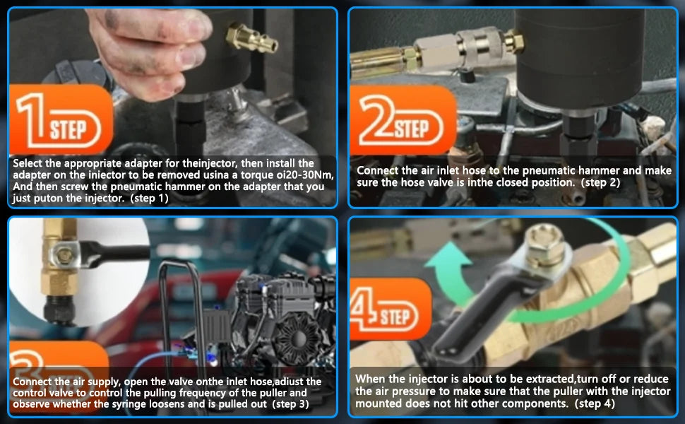 Four numbered steps for using the pneumatic diesel injector puller, compact layout | Wrench Haus