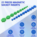 21-piece magnetic socket insertion kit in green SAE and blue metric sizes with feature icons | Wrench Haus