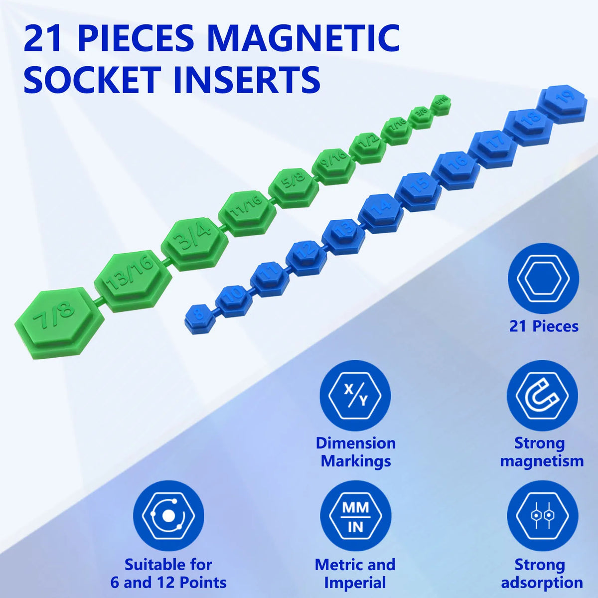 21-piece magnetic socket insertion kit in green SAE and blue metric sizes with feature icons | Wrench Haus