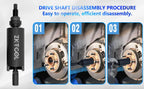 Drive shaft puller shown beside three photos of it fitted to a brake hub during removal | Wrench Haus