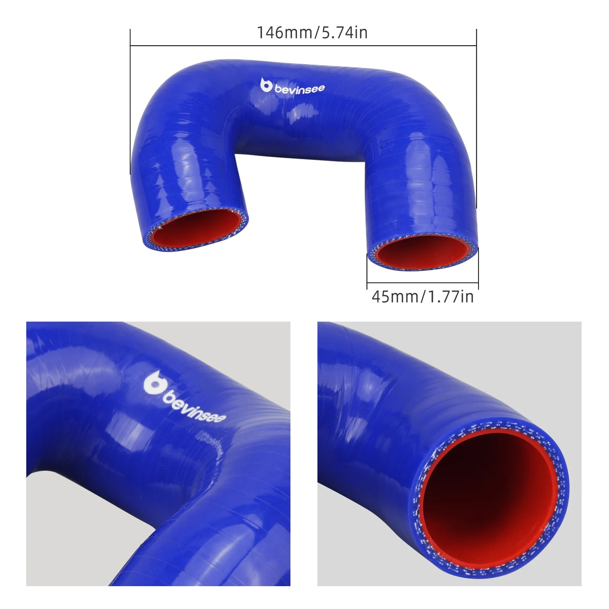 Silicone thermostat to water pump hose, blue U-bend, 146mm width, 45mm ID | Wrench Haus