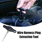 VAG Electrical Connector Removal & Unlock Tool - "Wire Harness Plug Extraction Tool" infographic showing hand using tool to release VAG connector | Wrench Haus