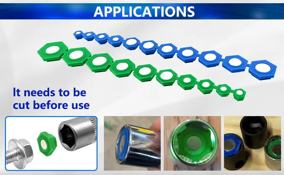 Magnetic socket insert rows above three photos showing inserts cut and fitted into sockets | Wrench Haus