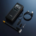 Baseus Portable Air Compressor - Black wireless tire inflator with USB-C charging cable and nozzle adapters on dark background | Wrench Haus