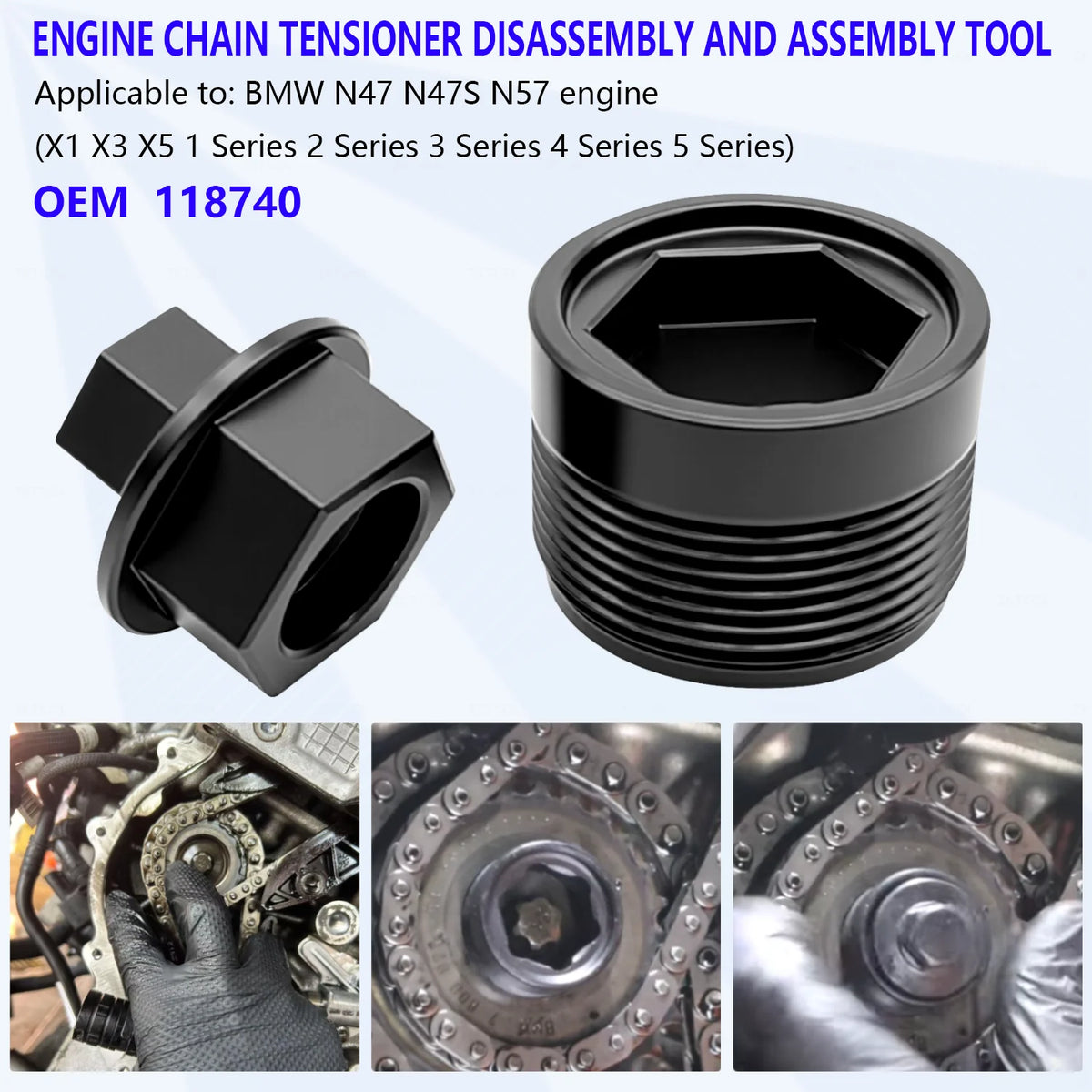 BMW chain tensioner disassembly and assembly tool, OEM 118740, with photos of it on the timing chain | Wrench Haus
