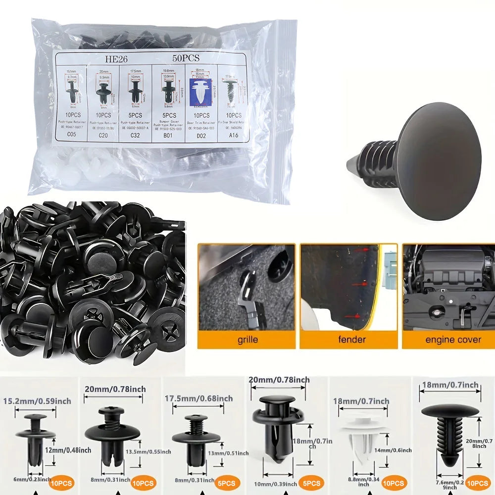 50-piece bagged push retainer clip kit with size chart and application photos | Wrench Haus