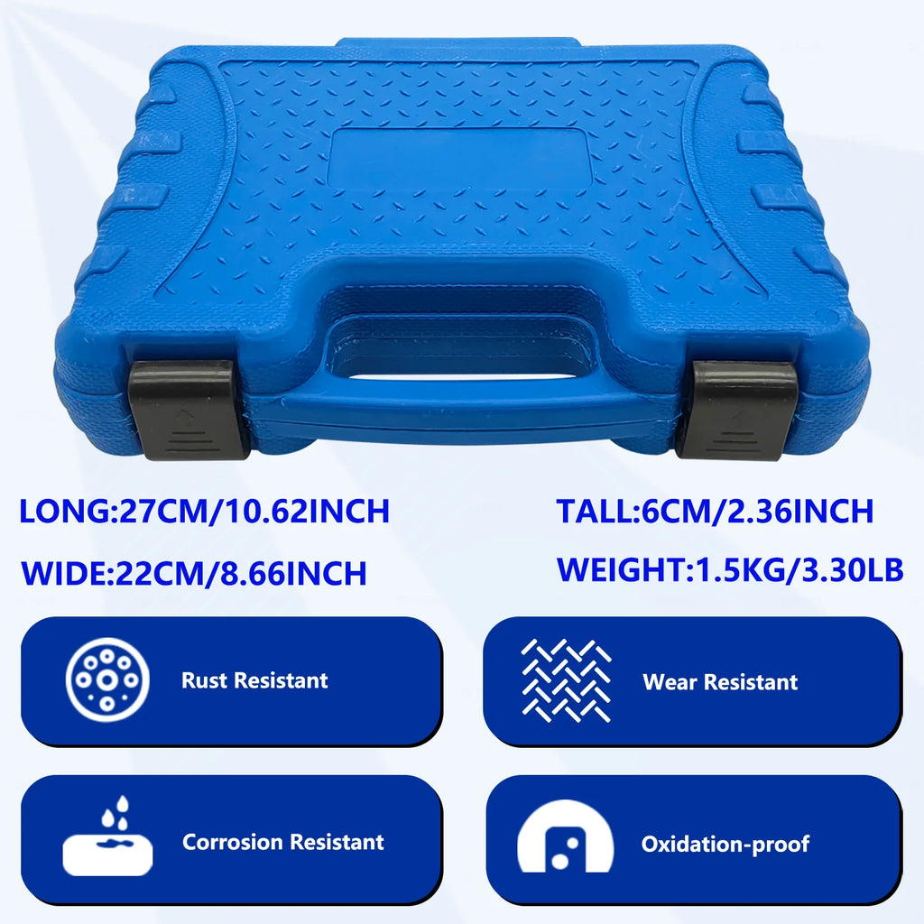 Closed blue case of the 11-piece clutch alignment kit, 27x22x6 cm and 1.5 kg, with material icons | Wrench Haus