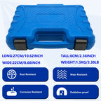 Closed blue case of the 11-piece clutch alignment kit, 27x22x6 cm and 1.5 kg, with material icons | Wrench Haus