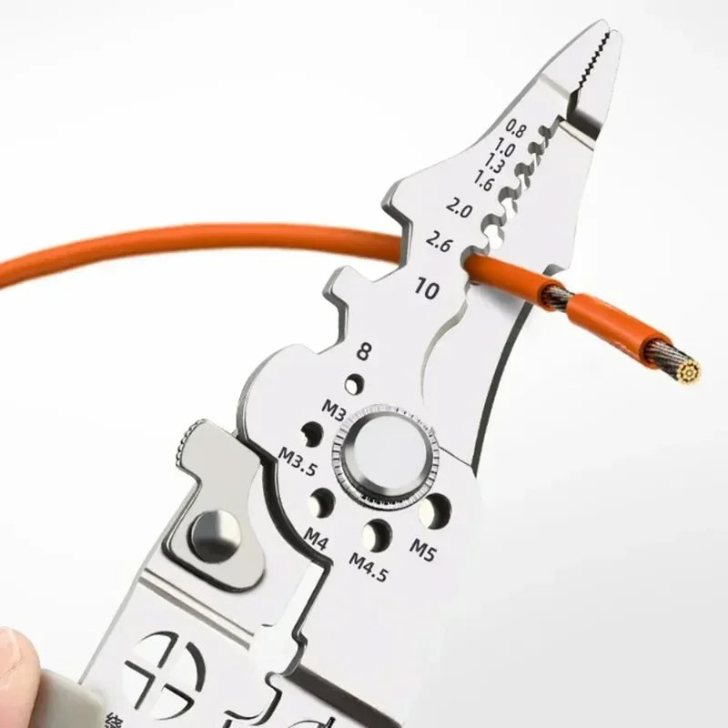 Multifunctional Wire Stripper & Electrician Pliers - Close-up of open jaw showing wire stripping gauge notches and cutting edge | Wrench Haus