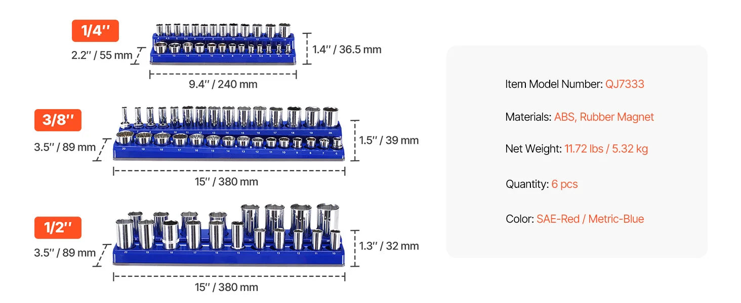 Magnetic Socket Tray Set - Labeled Metric SAE Toolbox Organizer | Wrench Haus