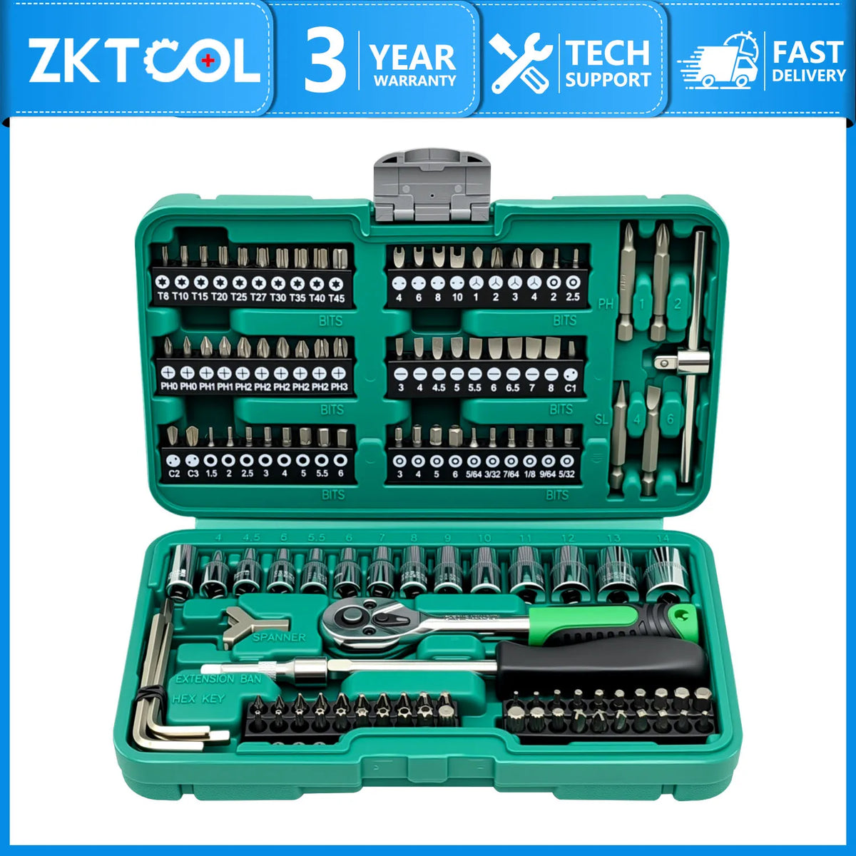 130-piece metric ratchet wrench and socket set open in green case, top-down view of bits and sockets | Wrench Haus