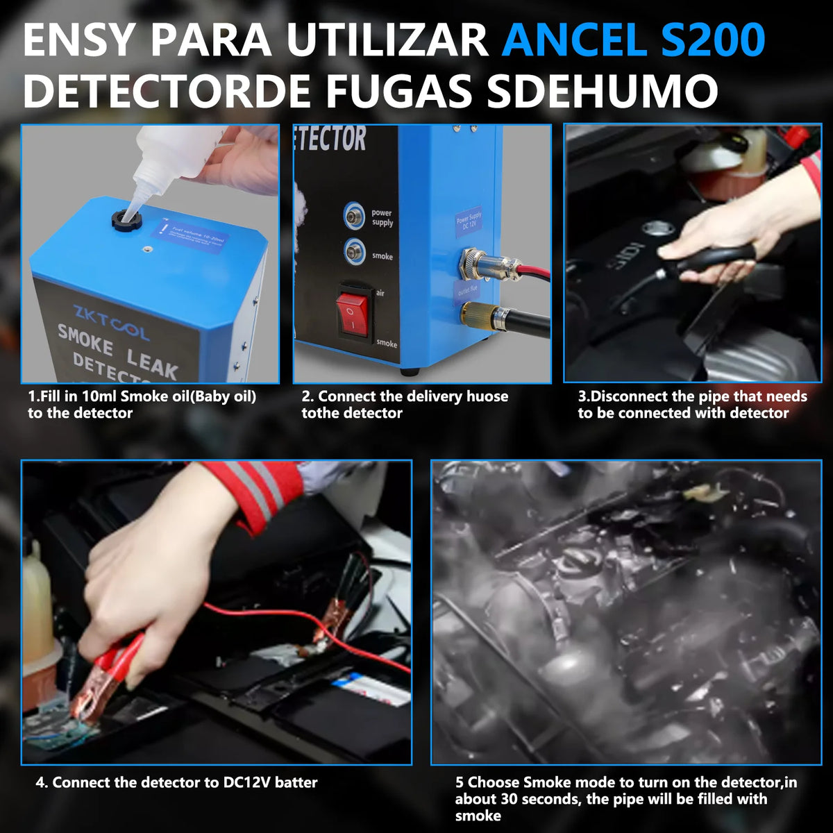 Step-by-step photos of filling, connecting and running the smoke leak detector on a car | Wrench Haus