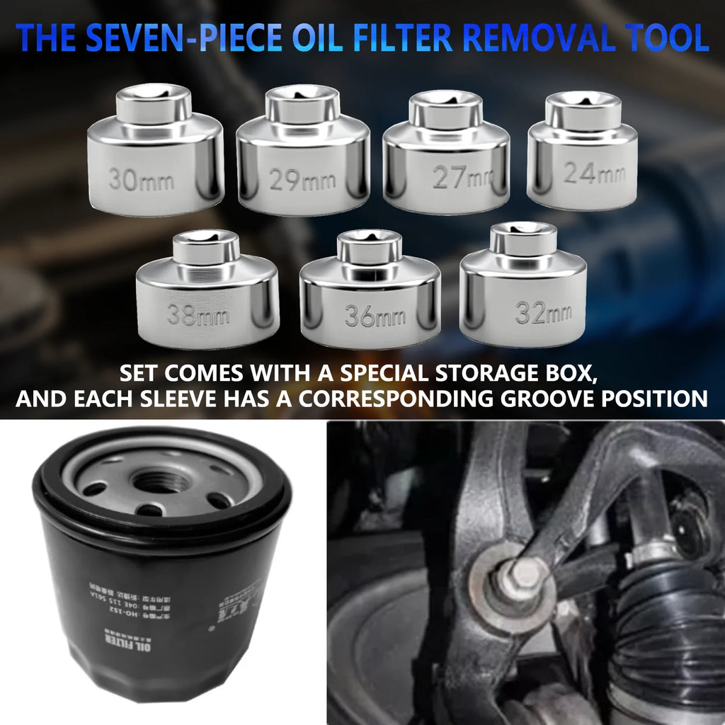 Seven oil filter sockets labeled by size above photos of an oil filter and socket in use | Wrench Haus