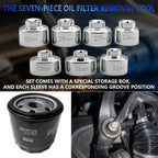 Seven oil filter sockets labeled by size above photos of an oil filter and socket in use | Wrench Haus