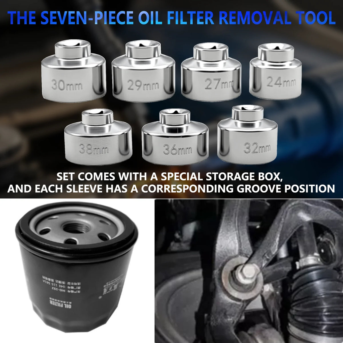 Seven oil filter sockets labeled by size above photos of an oil filter and socket in use | Wrench Haus