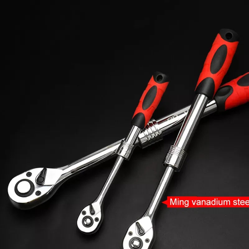 Quick-Release Retractable Ratchet Wrench Set - Two wrenches shown side by side at different extension lengths with red grip handles | Wrench Haus