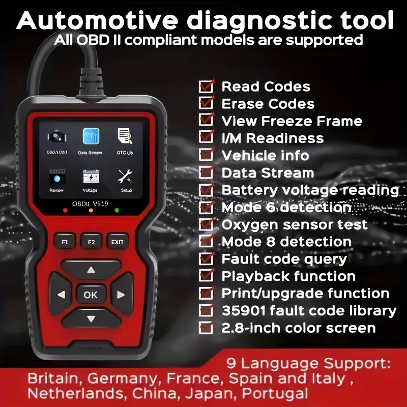 V519 OBD2 scanner plugged into vehicle OBD port