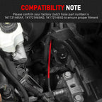 Stainless clutch hose installed in engine bay with factory part number note | Wrench Haus