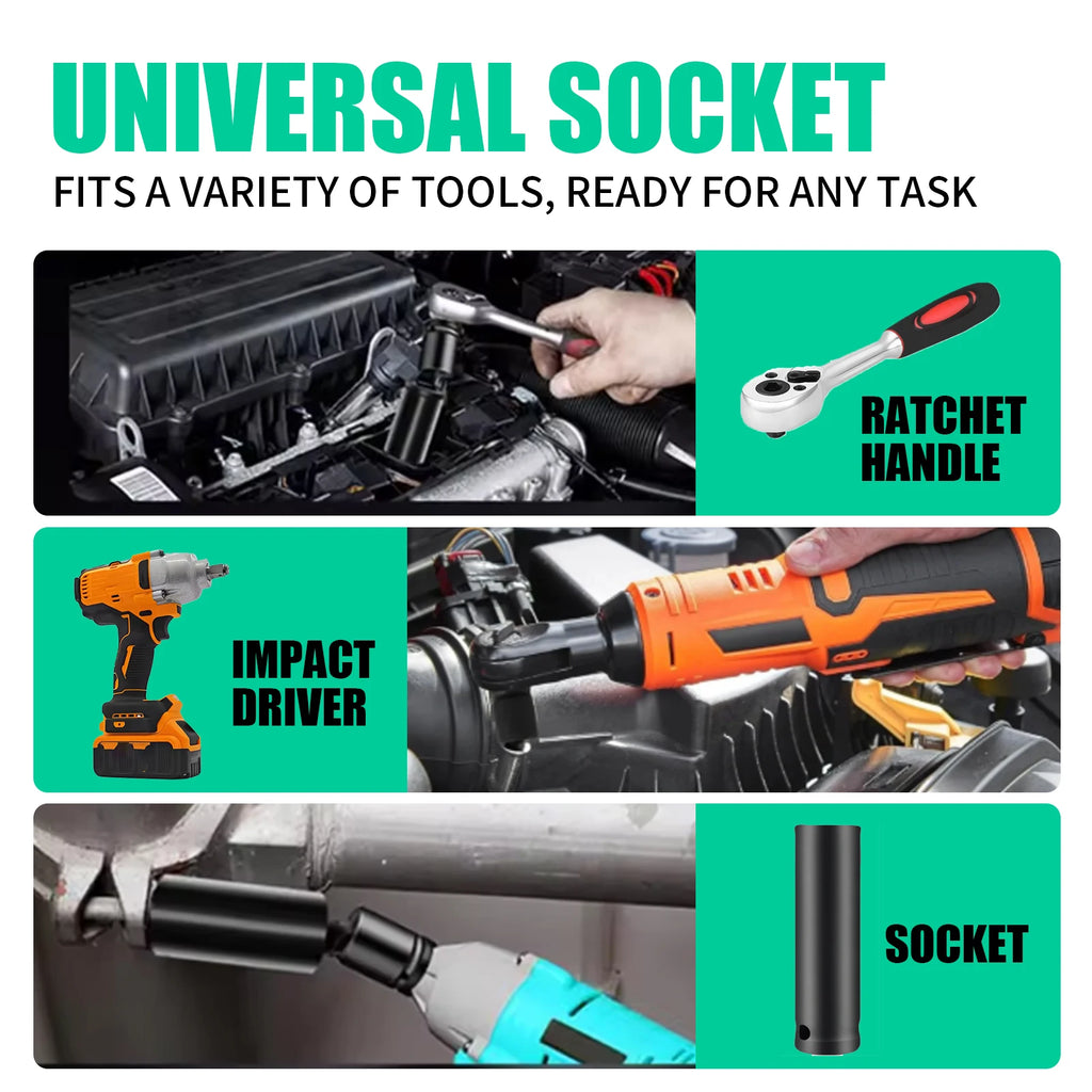 Air Cannon Universal Joint In Use with Impact Wrench and Ratchet - 1/4 3/8 1/2 Drive | Wrench Haus