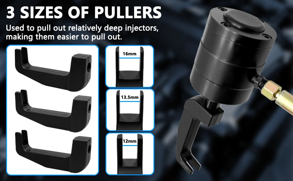 Forked injector puller plates in three sizes next to the air hammer, alternate layout | Wrench Haus
