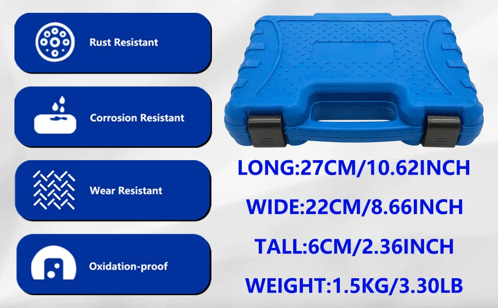 Blue case of the universal clutch centering kit with dimensions, weight and resistance feature icons | Wrench Haus