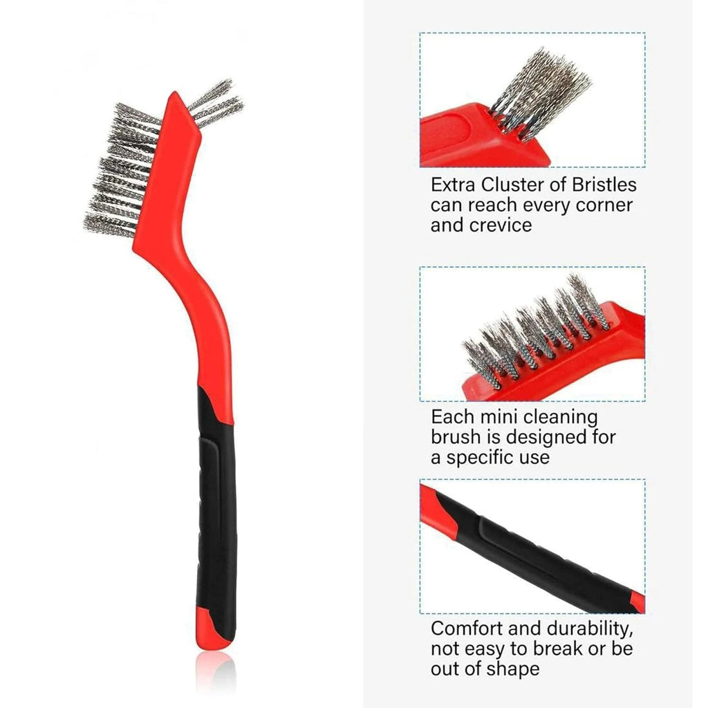 Wire Brush Set - Close-up of wire brush head with feature callouts showing bristle quality and ergonomic handle design | Wrench Haus