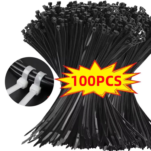 100pc Black Nylon Zip Ties - Large bundle of black self-locking nylon cable ties with 100pcs count badge | Wrench Haus