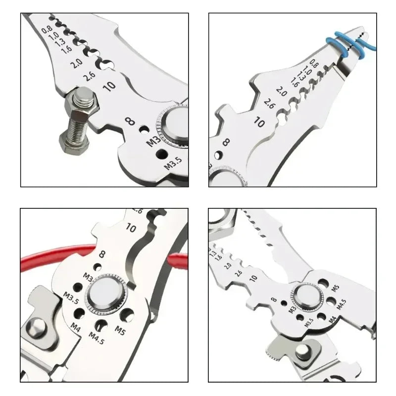 Multifunctional Wire Stripper & Electrician Pliers - Four-panel infographic showing wire cutting, stripping, crimping and winding functions | Wrench Haus