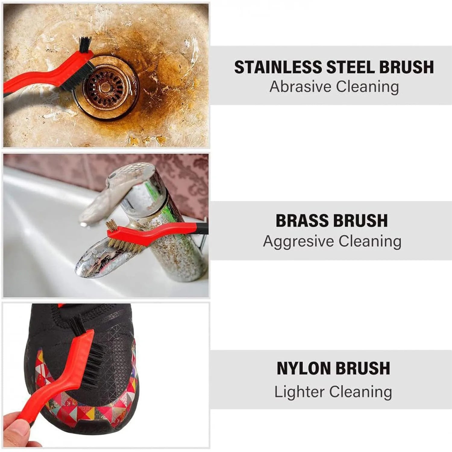 Wire Brush Set - Stainless steel for abrasive cleaning, brass for aggressive cleaning, nylon for lighter cleaning applications | Wrench Haus